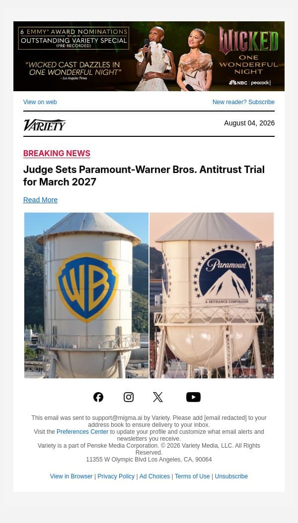 Judge Sets Paramount-Warner Bros. Antitrust Trial for March 2027 email from Variety screenshot
