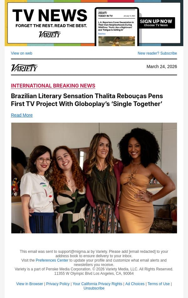 Brazilian Literary Sensation Thalita Rebouças Pens First TV Project With Globoplay’s ‘Single Together’ email from Variety screenshot