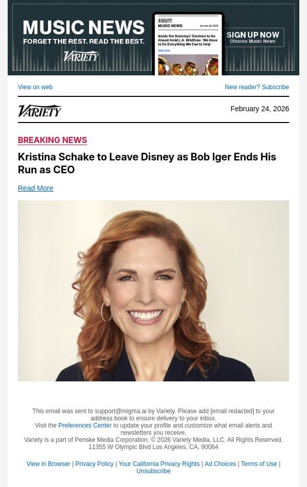 Kristina Schake to Leave Disney as Bob Iger Ends His Run as CEO email from Variety screenshot