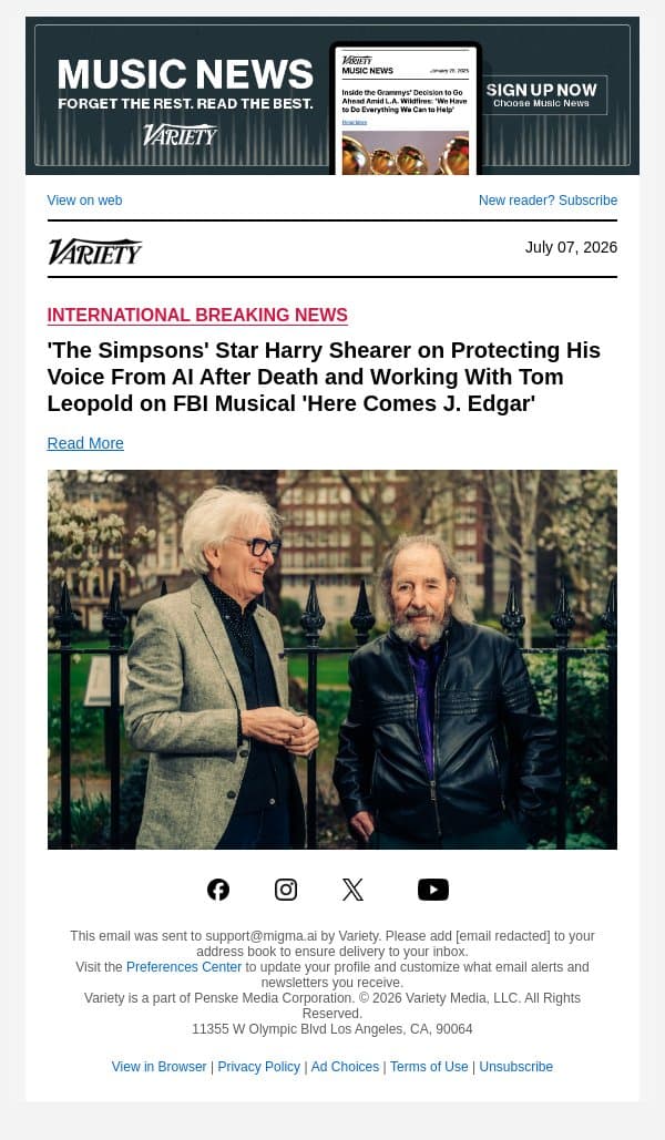 'The Simpsons' Star Harry Shearer on Protecting His Voice From AI After Death and Working With Tom Leopold on FBI Musical 'Here Comes J. Edgar' email from Variety screenshot