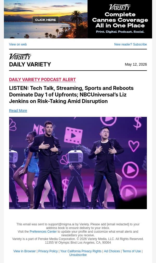 LISTEN: Tech Talk, Streaming, Sports and Reboots Dominate Day 1 of Upfronts; NBCUniversal’s Liz Jenkins on Risk-Taking Amid Disruption email from Variety screenshot