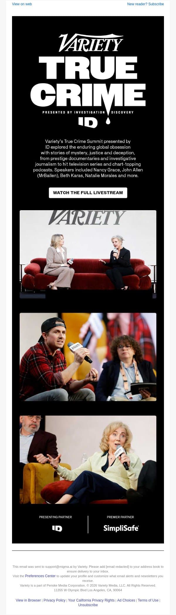 Watch Now - Nancy Grace, MrBallen & More Join Variety's True Crime Summit email from Variety screenshot