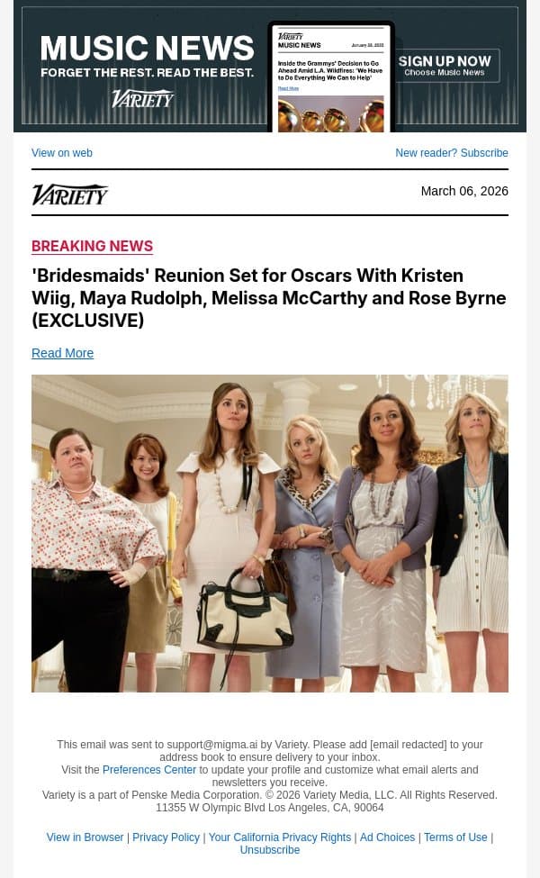 'Bridesmaids' Reunion Set for Oscars With Kristen Wiig, Maya Rudolph, Melissa McCarthy and Rose Byrne (EXCLUSIVE) email from Variety screenshot