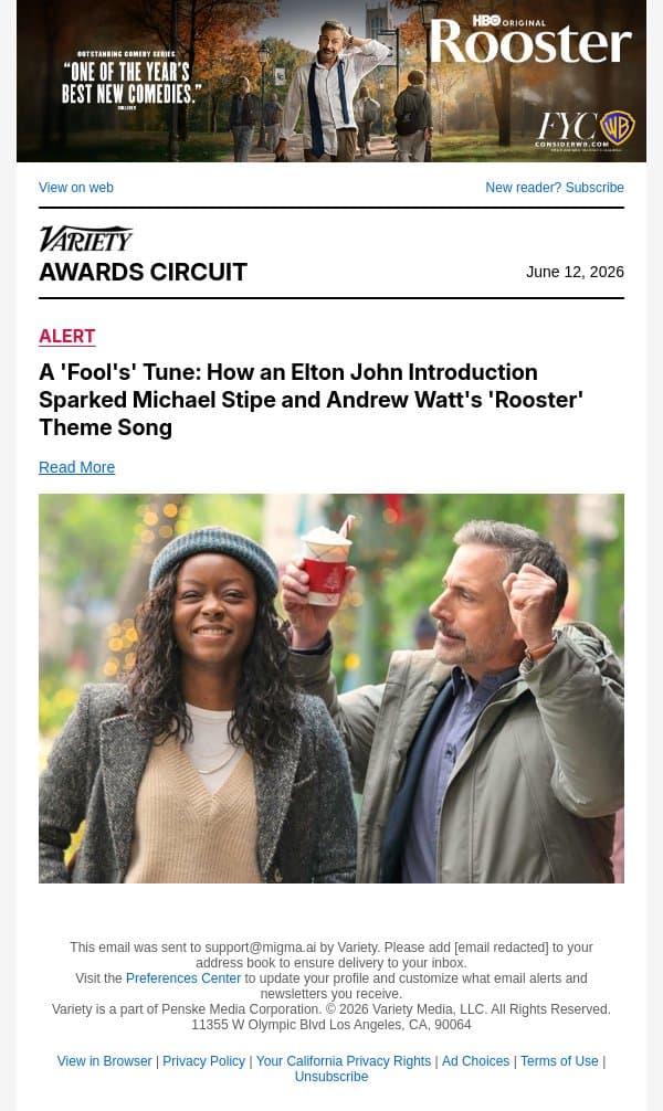 A 'Fool's' Tune: How an Elton John Introduction Sparked Michael Stipe and Andrew Watt's 'Rooster' Theme Song email from Variety screenshot
