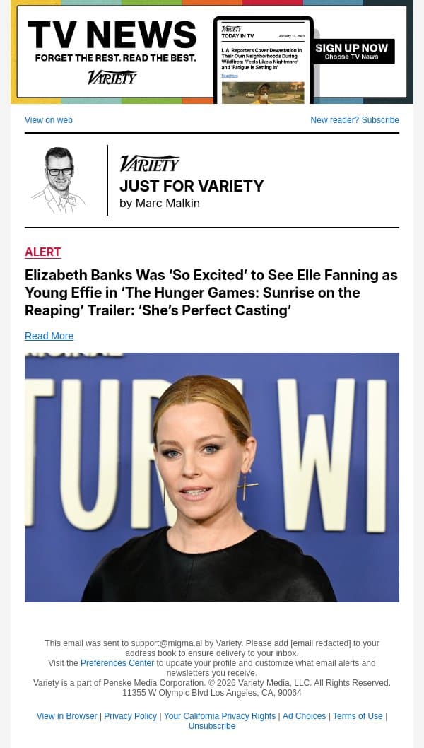 Elizabeth Banks Was ‘So Excited’ to See Elle Fanning as Young Effie in ‘The Hunger Games: Sunrise on the Reaping’ Trailer: ‘She’s Perfect Casting’ email from Variety screenshot
