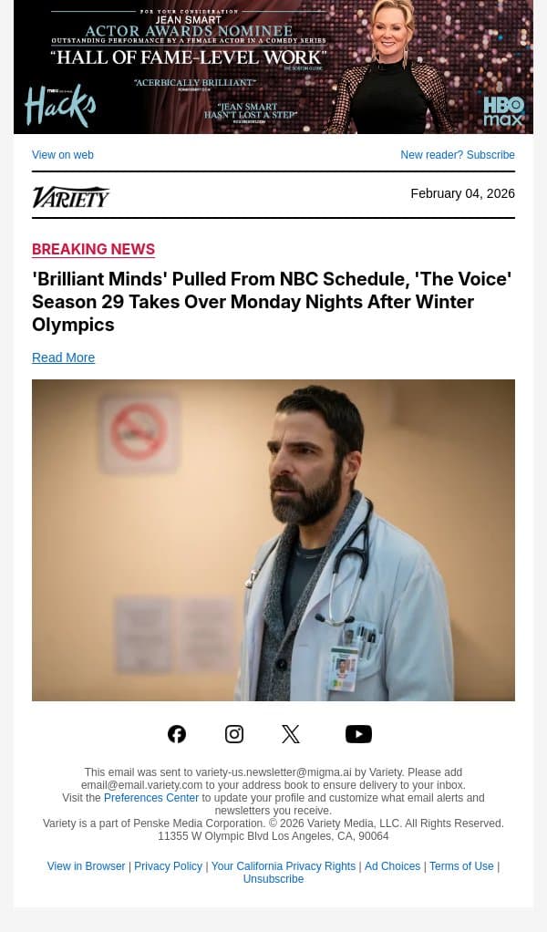 'Brilliant Minds' Pulled From NBC Schedule, 'The Voice' Season 29 Takes Over Monday Nights After Winter Olympics email from Variety screenshot