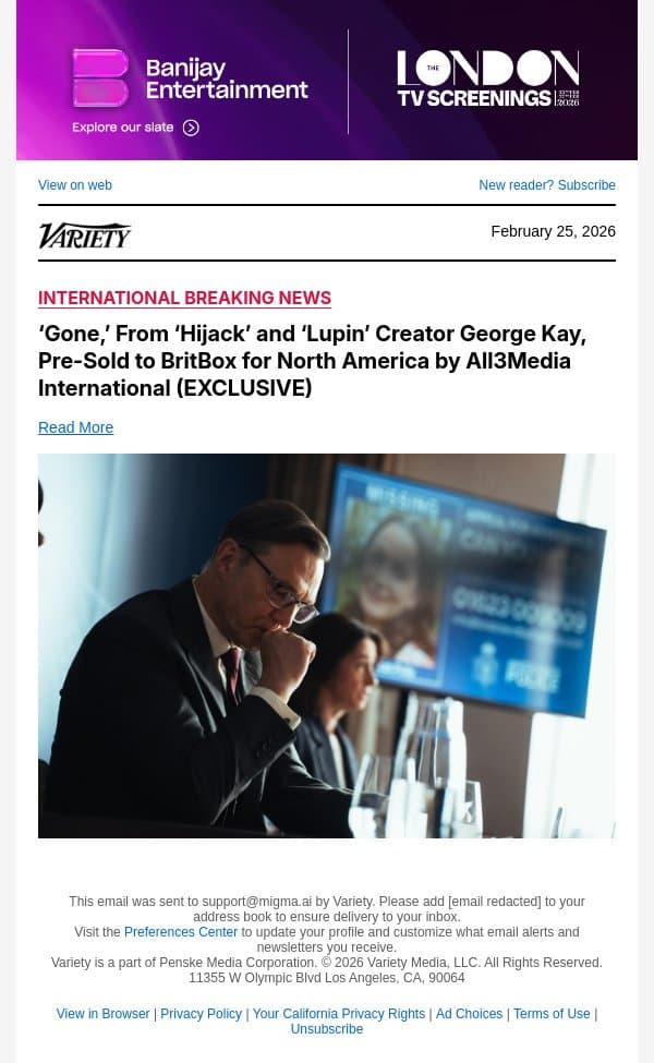 ‘Gone,’ From ‘Hijack’ and ‘Lupin’ Creator George Kay, Pre-Sold to BritBox for North America by All3Media International (EXCLUSIVE) email from Variety screenshot