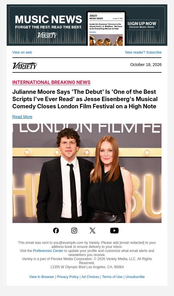 Julianne Moore Says 'The Debut' Is 'One of the Best Scripts I've Ever Read' as Jesse Eisenberg's Musical Comedy Closes London Film Festival on a High Note email from Variety screenshot