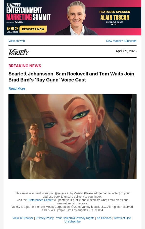 Scarlett Johansson, Sam Rockwell and Tom Waits Join Brad Bird's 'Ray Gunn' Voice Cast email from Variety screenshot