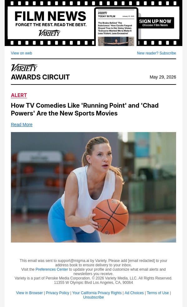 How TV Comedies Like 'Running Point' and 'Chad Powers' Are the New Sports Movies email from Variety screenshot