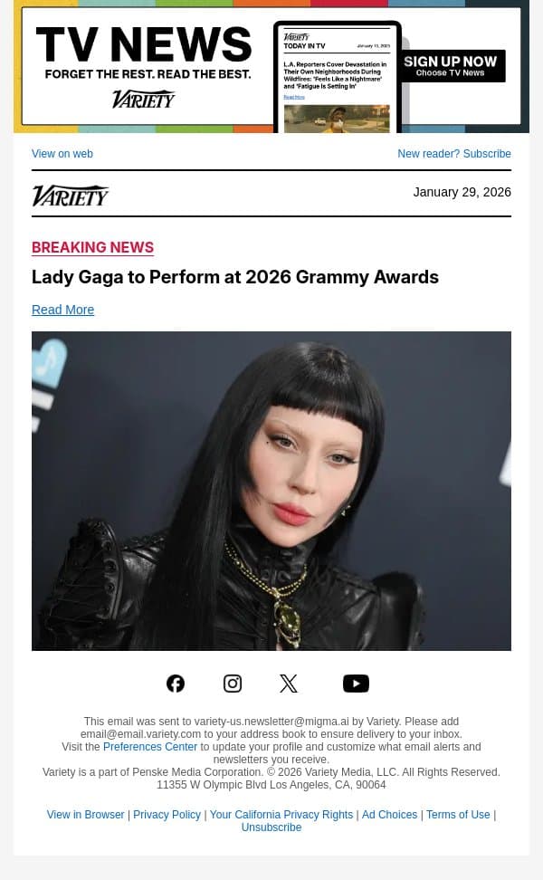 Lady Gaga to Perform at 2026 Grammy Awards email from Variety screenshot
