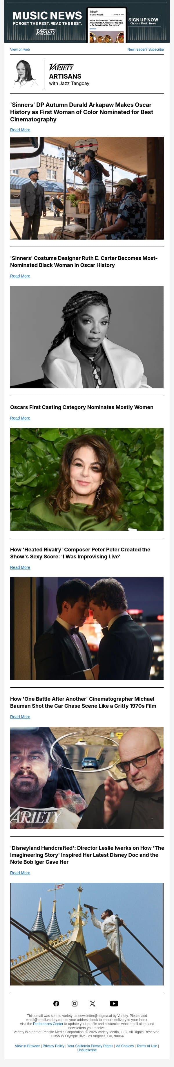 'Sinners' Artisans Make Oscars History; 'Heated Rivalry's' Sexy Score; 'Disneyland Handcrafted' Dives into Archives for Theme Park History Doc email from Variety screenshot
