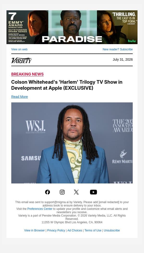 Colson Whitehead's 'Harlem' Trilogy TV Show in Development at Apple (EXCLUSIVE) email from Variety screenshot