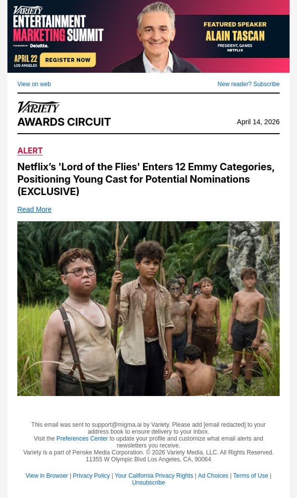 Netflix’s 'Lord of the Flies' Enters 12 Emmy Categories, Positioning Young Cast for Potential Nominations (EXCLUSIVE) email from Variety screenshot