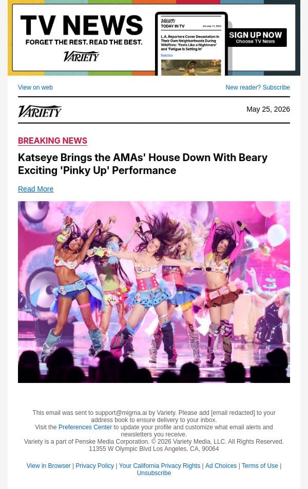 Katseye Brings the AMAs' House Down With Beary Exciting 'Pinky Up' Performance email from Variety screenshot
