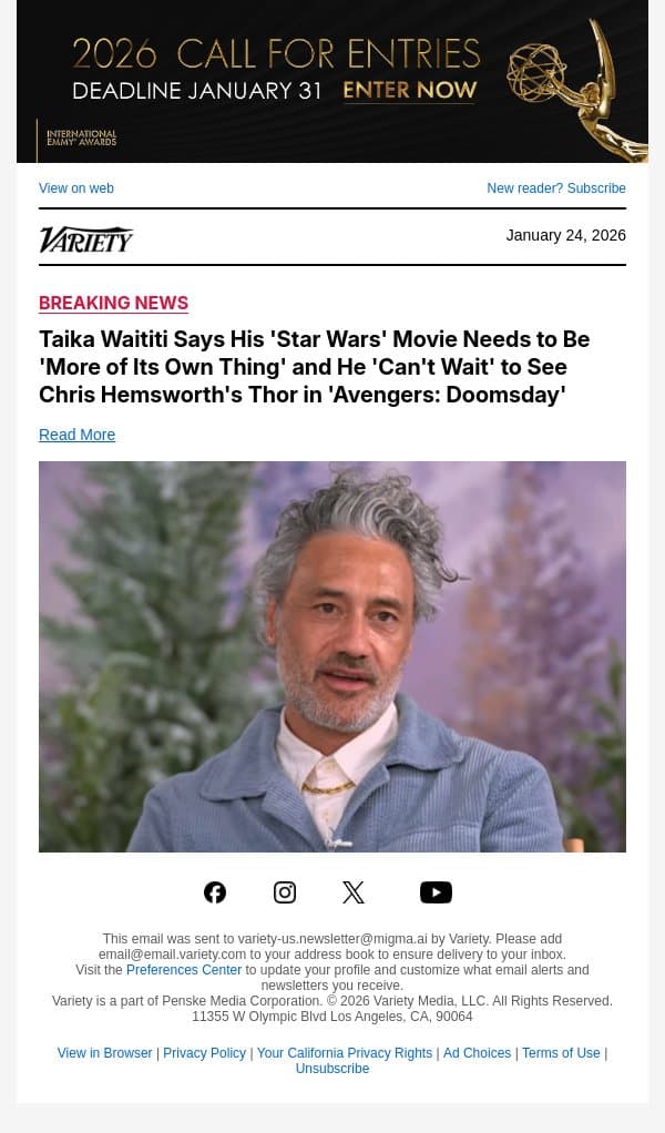 Taika Waititi Says His 'Star Wars' Movie Needs to Be 'More of Its Own Thing' and He 'Can't Wait' to See Chris Hemsworth's Thor in 'Avengers: Doomsday' email from Variety screenshot
