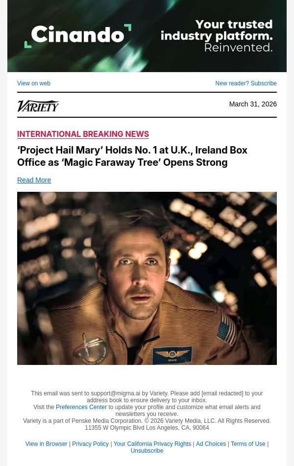 ‘Project Hail Mary’ Holds No. 1 at U.K., Ireland Box Office as ‘Magic Faraway Tree’ Opens Strong email from Variety screenshot