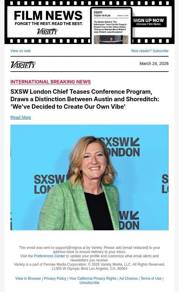 SXSW London Chief Teases Conference Program, Draws a Distinction Between Austin and Shoreditch: 'We've Decided to Create Our Own Vibe' email from Variety screenshot
