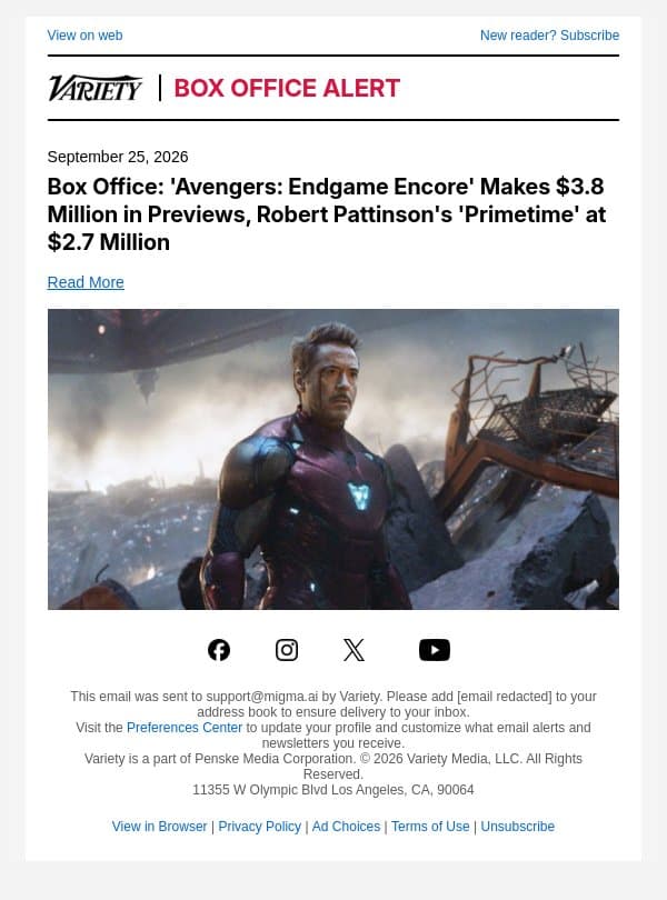 Box Office: 'Avengers: Endgame Encore' Makes $3.8 Million in Previews, Robert Pattinson's 'Primetime' at $2.7 Million email from Variety screenshot