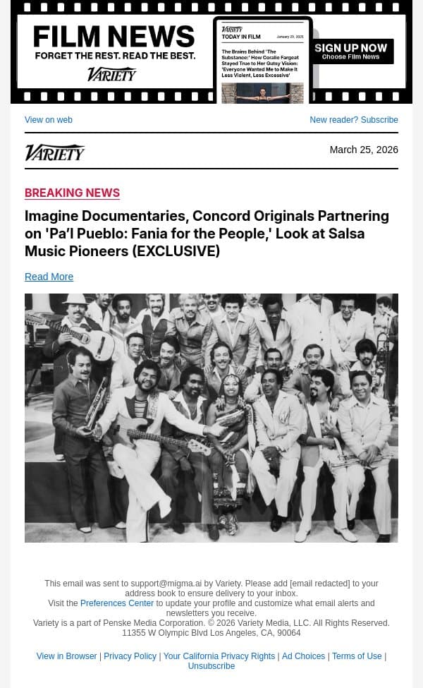 Imagine Documentaries, Concord Originals Partnering on 'Pa’l Pueblo: Fania for the People,' Look at Salsa Music Pioneers (EXCLUSIVE) email from Variety screenshot