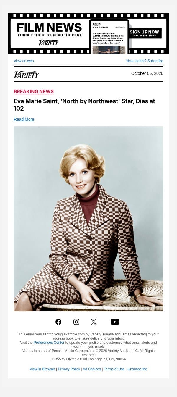 Eva Marie Saint, 'North by Northwest' Star, Dies at 102 email from Variety screenshot