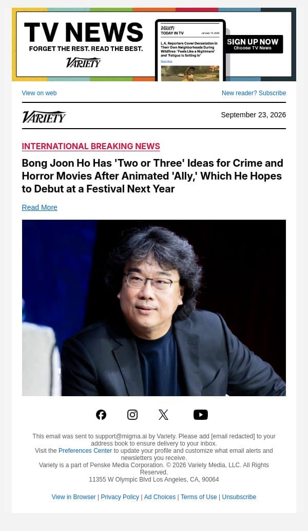 Bong Joon Ho Has 'Two or Three' Ideas for Crime and Horror Movies After Animated 'Ally,' Which He Hopes to Debut at a Festival Next Year email from Variety screenshot