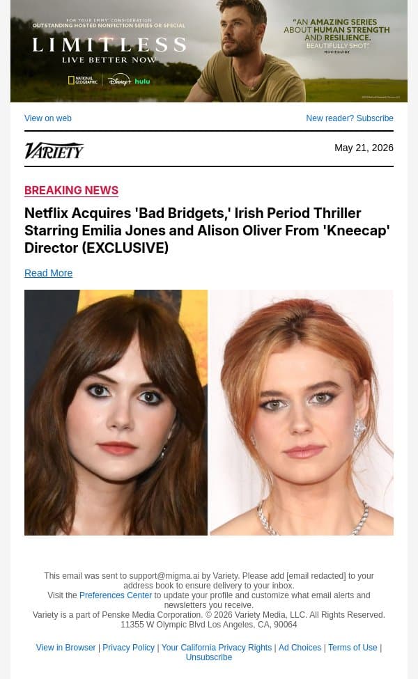 Netflix Acquires 'Bad Bridgets,' Irish Period Thriller Starring Emilia Jones and Alison Oliver From 'Kneecap' Director (EXCLUSIVE) email from Variety screenshot