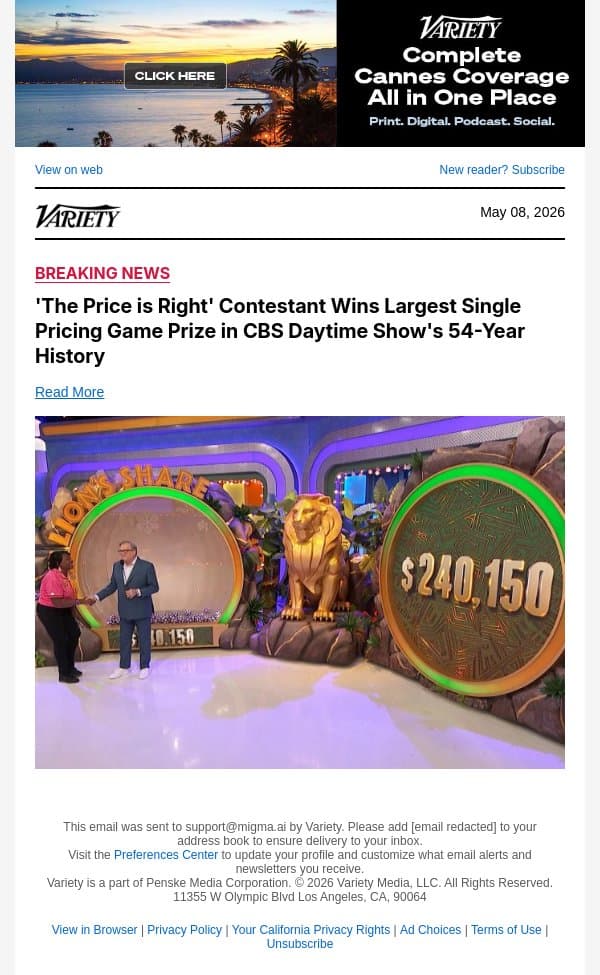 'The Price is Right' Contestant Wins Largest Single Pricing Game Prize in CBS Daytime Show's 54-Year History email from Variety screenshot