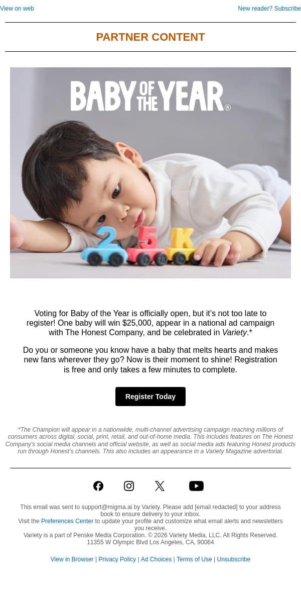 One baby will shine in Variety and take home $25,000 email from Variety screenshot