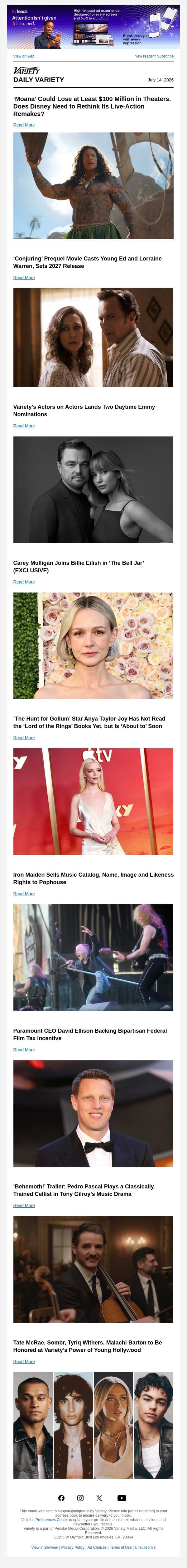 'Moana' Could Lose $100M; 'Conjuring' Prequel Casts Leads; Actors on Actors Lands Emmy Nom email from Variety screenshot