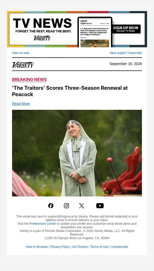 'The Traitors' Scores Three-Season Renewal at Peacock email from Variety screenshot