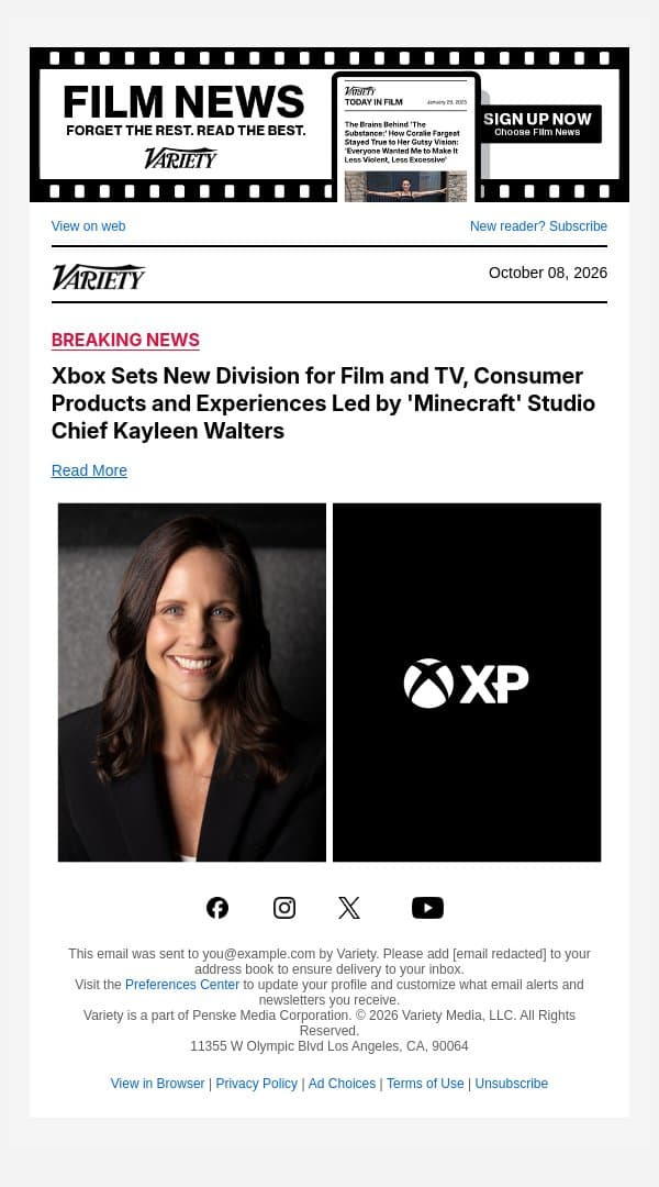 Xbox Sets New Division for Film and TV, Consumer Products and Experiences Led by 'Minecraft' Studio Chief Kayleen Walters email from Variety screenshot