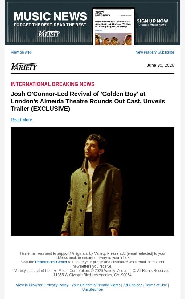 Josh O'Connor-Led Revival of 'Golden Boy' at London's Almeida Theatre Rounds Out Cast, Unveils Trailer (EXCLUSIVE) email from Variety screenshot
