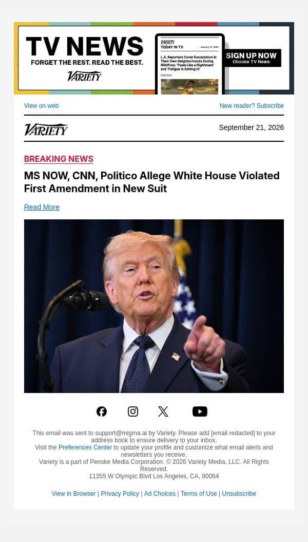MS NOW, CNN, Politico Allege White House Violated First Amendment in New Suit email from Variety screenshot