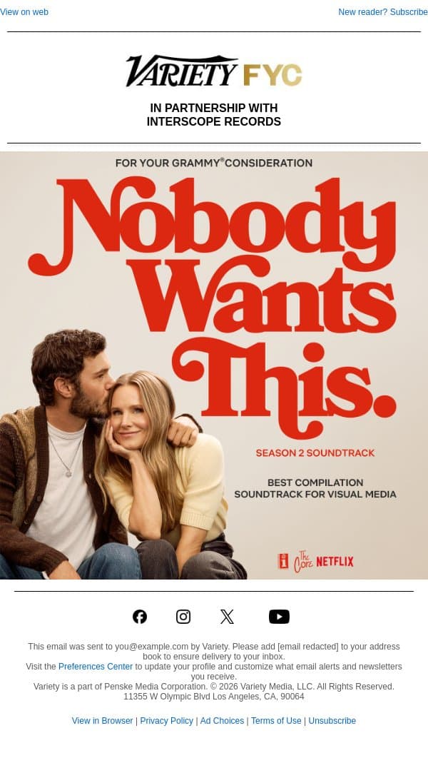 For Your GRAMMY® Consideration: NOBODY WANTS THIS S2 SOUNDTRACK email from Variety screenshot
