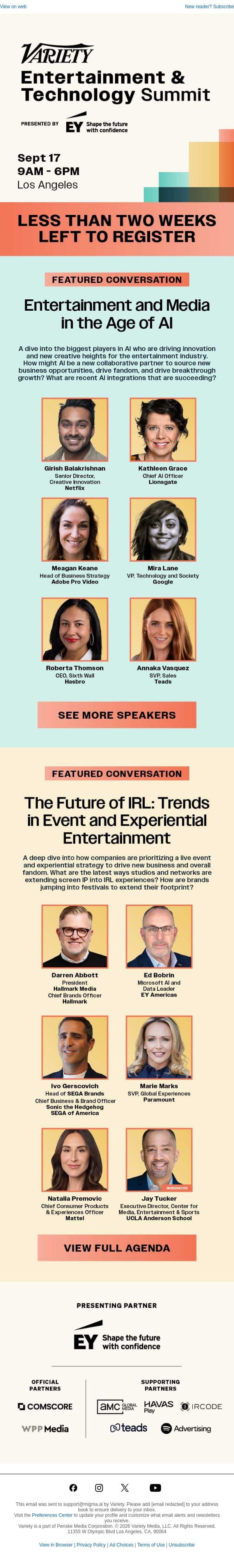 Less Than Two Weeks Left to Register for Variety’s Entertainment & Technology Summit email from Variety screenshot