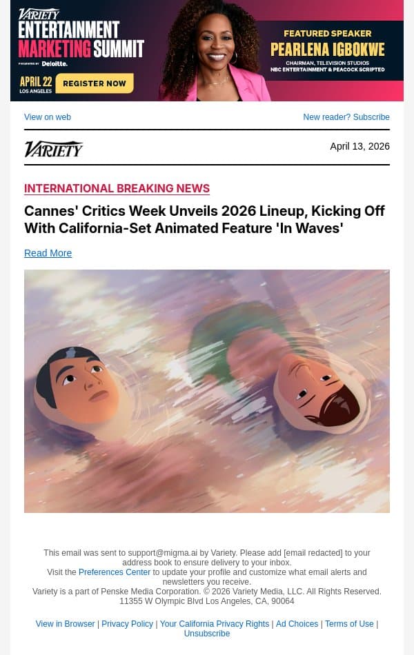 Cannes' Critics Week Unveils 2026 Lineup, Kicking Off With California-Set Animated Feature 'In Waves' email from Variety screenshot