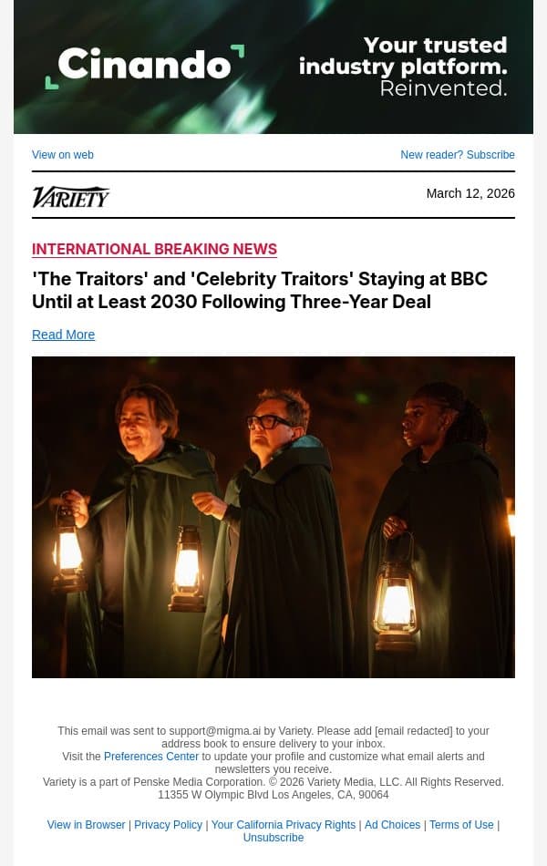 'The Traitors' and 'Celebrity Traitors' Staying at BBC Until at Least 2030 Following Three-Year Deal email from Variety screenshot
