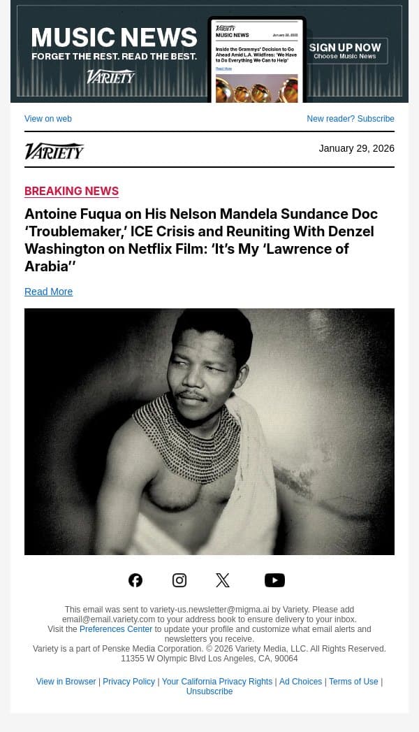 Antoine Fuqua on His Nelson Mandela Sundance Doc ‘Troublemaker,’ ICE Crisis and Reuniting With Denzel Washington on Netflix Film: ‘It’s My ‘Lawrence of Arabia’’ email from Variety screenshot