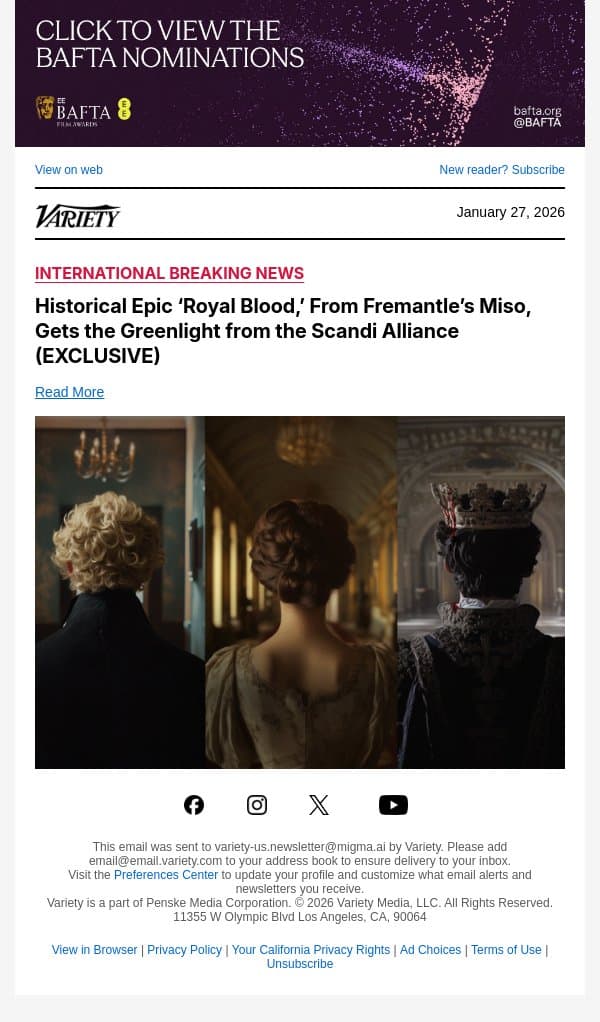 Historical Epic ‘Royal Blood,’ From Fremantle’s Miso, Gets the Greenlight from the Scandi Alliance (EXCLUSIVE) email from Variety screenshot
