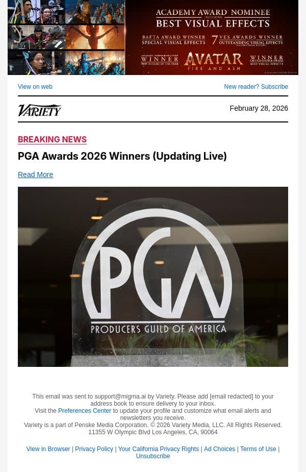 'KPop Demon Hunters' Wins Producers Guild Award for Animated Film email from Variety screenshot