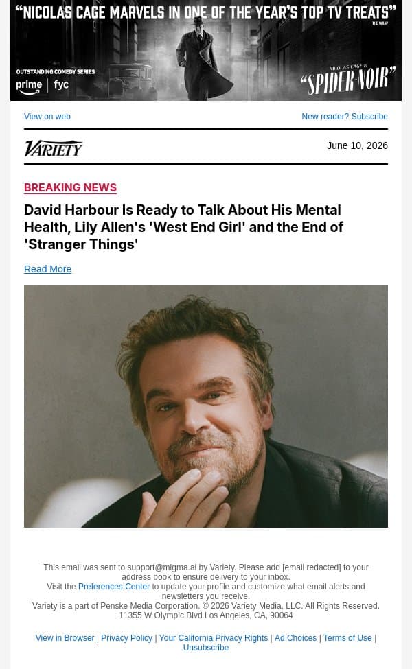COVER STORY | David Harbour Is Ready to Talk About His Mental Health, Lily Allen's 'West End Girl' and the End of 'Stranger Things' email from Variety screenshot