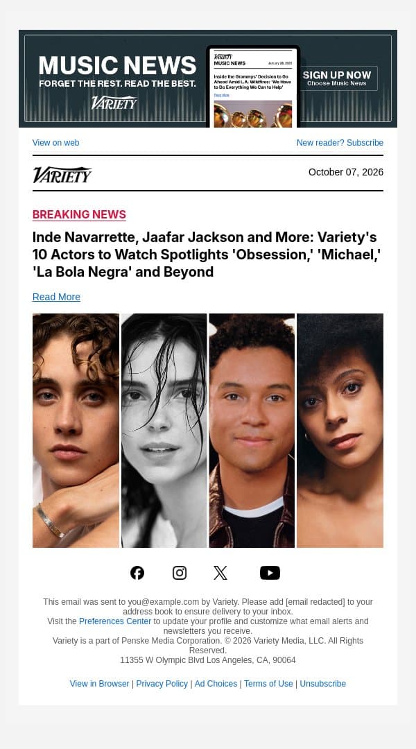 Inde Navarrette, Jaafar Jackson and More: Variety's 10 Actors to Watch Spotlights 'Obsession,' 'Michael,' 'La Bola Negra' and Beyond email from Variety screenshot