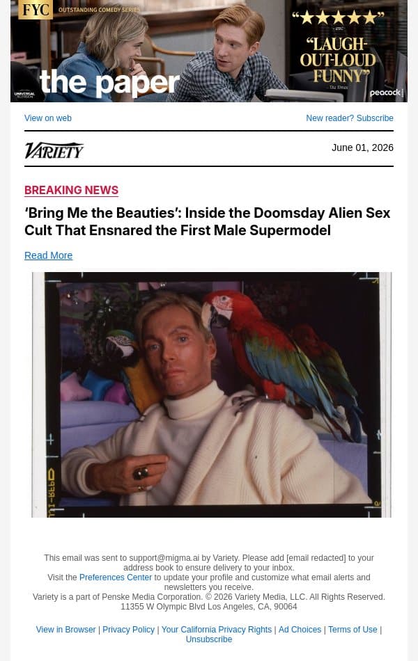 ‘Bring Me the Beauties’: Inside the Doomsday Alien Sex Cult That Ensnared the First Male Supermodel email from Variety screenshot