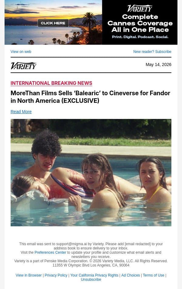 MoreThan Films Sells ‘Balearic’ to Cineverse for Fandor in North America (EXCLUSIVE) email from Variety screenshot