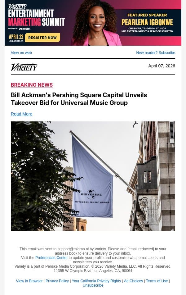 Bill Ackman's Pershing Square Capital Unveils Takeover Bid for Universal Music Group email from Variety screenshot