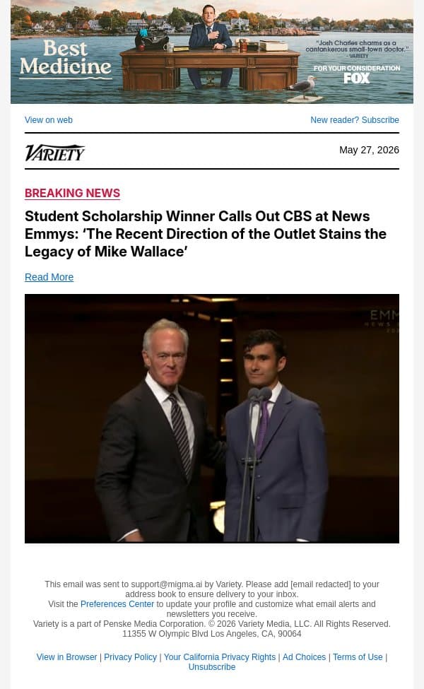 Student Scholarship Winner Calls Out CBS at News Emmys: ‘The Recent Direction of the Outlet Stains the Legacy of Mike Wallace’ email from Variety screenshot