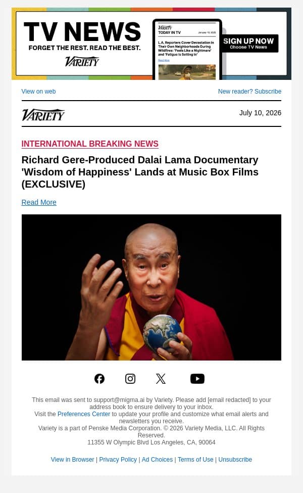 Richard Gere-Produced Dalai Lama Documentary 'Wisdom of Happiness' Lands at Music Box Films (EXCLUSIVE) email from Variety screenshot