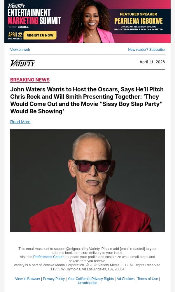John Waters Wants to Host the Oscars, Says He’ll Pitch Chris Rock and Will Smith Presenting Together: ‘They Would Come Out and the Movie “Sissy Boy Slap Party” Would Be Showing’ email from Variety screenshot
