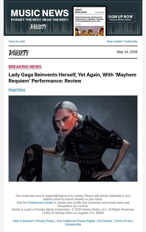 Lady Gaga Reinvents Herself, Yet Again, With 'Mayhem Requiem' Performance: Review email from Variety screenshot